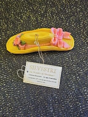 Silvestri Yellow Hat Ornament with Pink Floral Trim